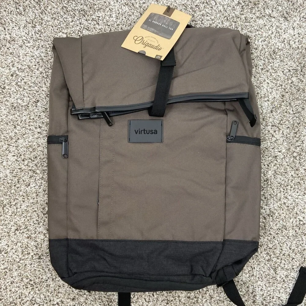 Origaudio El Dorado Roll Top Backpack Bag NEW Brown/Black Multi Pocket Laptop